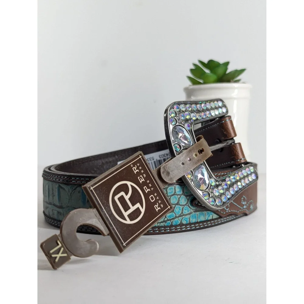 Roper Western Belt Brown Leather Turquoise Croc Rhinestone Buckle XL 8485790